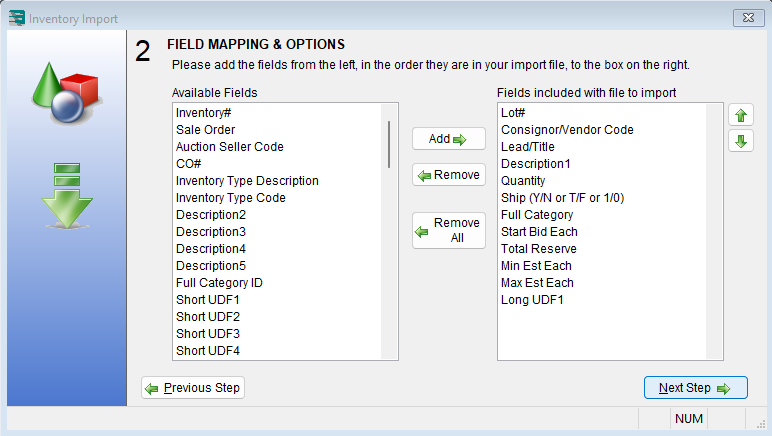 Auction Flex Inventory Import wizard, Field Mapping and Options step