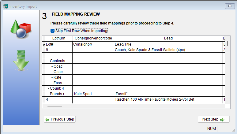 Auction Flex Field Mapping Review step showing a description spread across several rows because of line breaks