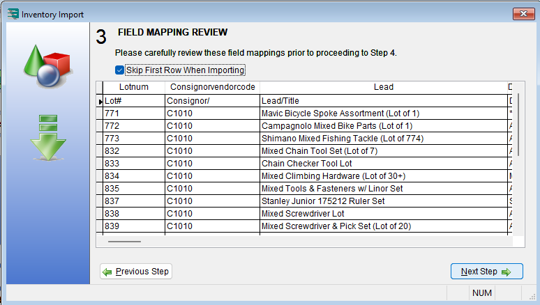 Auction Flex Inventory Import wizard, Field Mapping Review step with Skip First Row checked