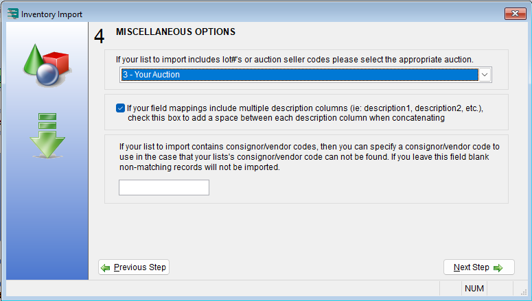 Auction Flex Inventory Import wizard, Miscellaneous Options step