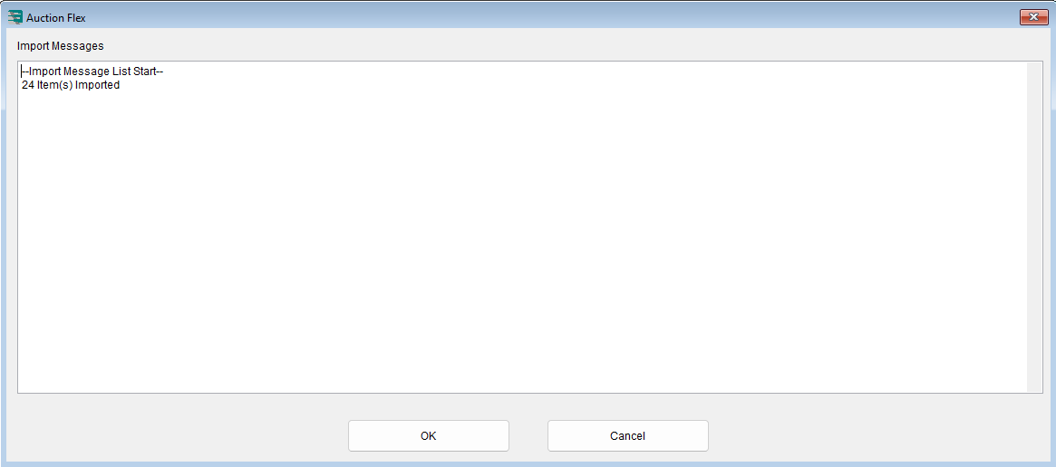 Auction Flex import results dialog showing items imported