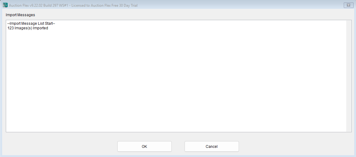 Auction Flex image import results dialog showing images imported