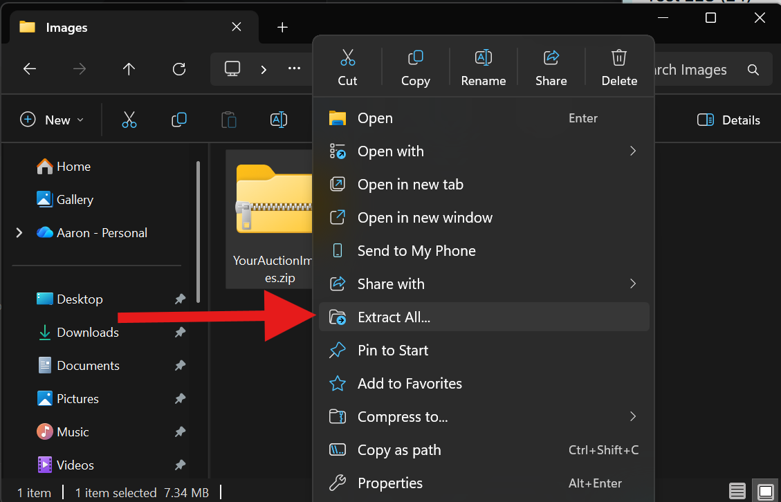 Windows right-click menu with Extract All highlighted