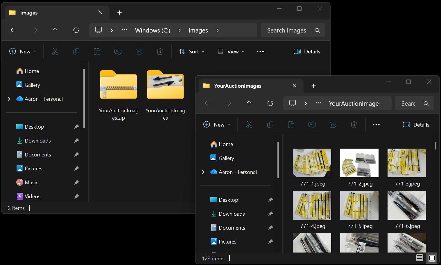 Extracted image files named by lot number and photo number