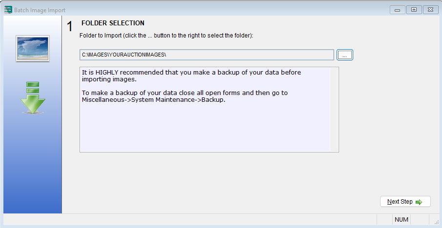 Auction Flex Batch Image Import, Folder Selection step
