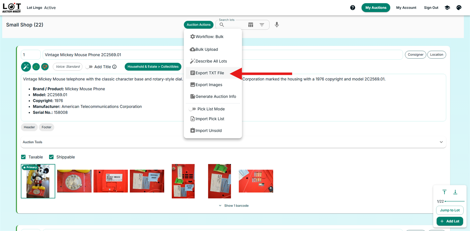Lot Lingo Auction Actions menu with Export TXT File highlighted