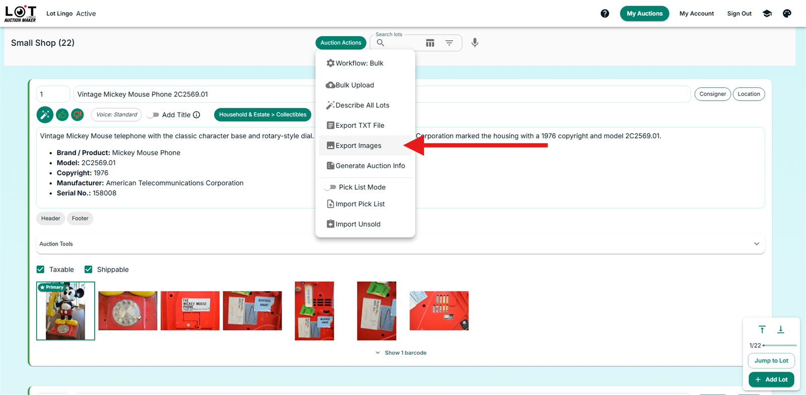 Lot Lingo Auction Actions menu with Export Images highlighted