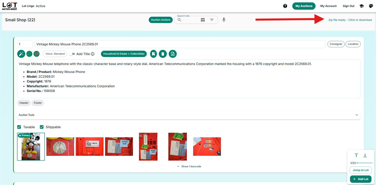 Lot Lingo auction header showing the Zip file ready - Click to download link