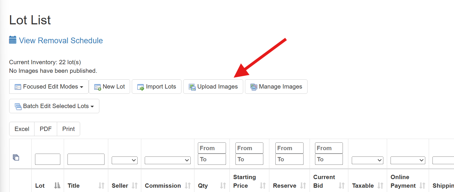 K-BID admin Lot List page with the Upload Images button highlighted