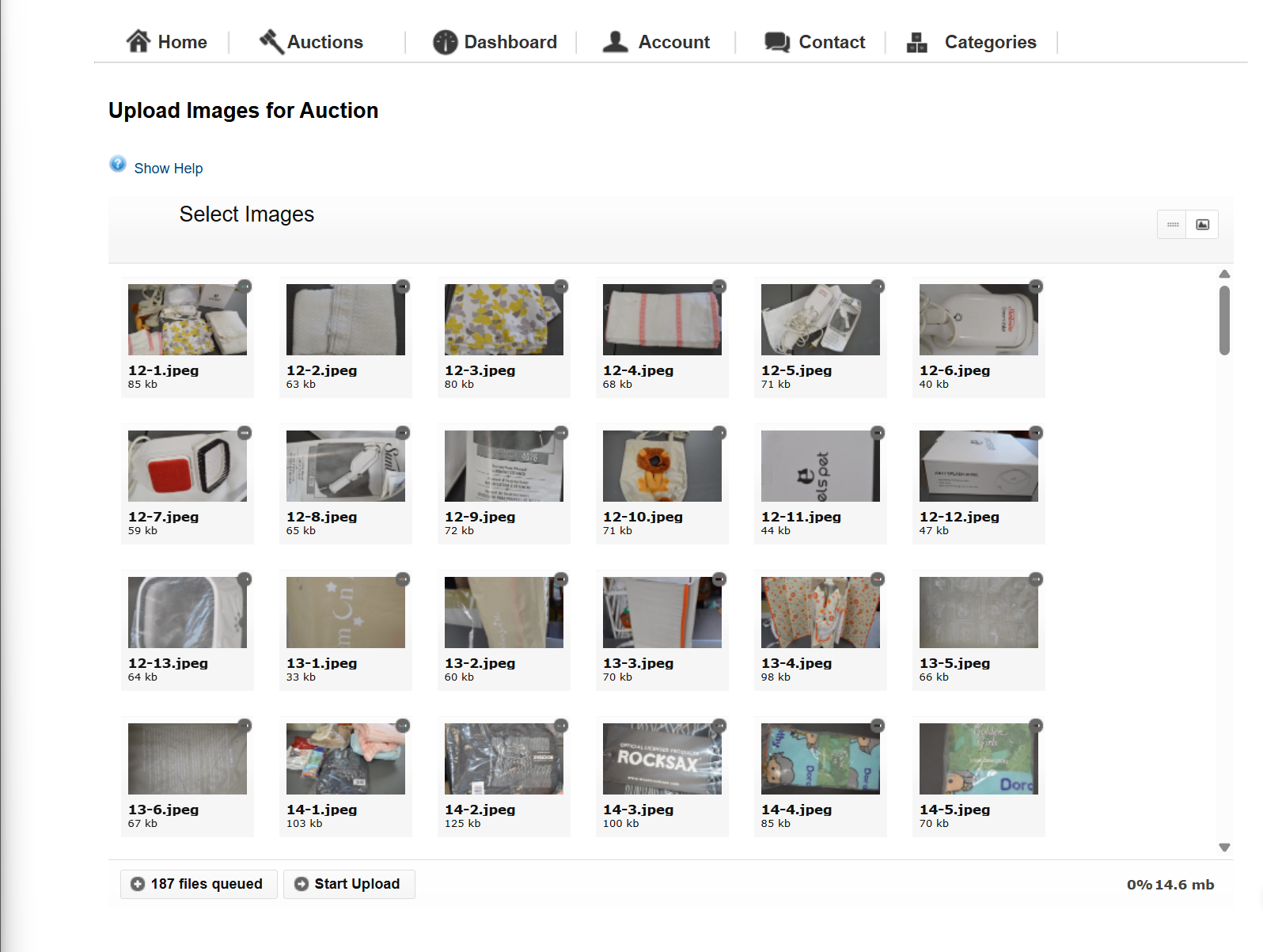 K-BID Upload Images screen with queued photo thumbnails and the Start Upload button