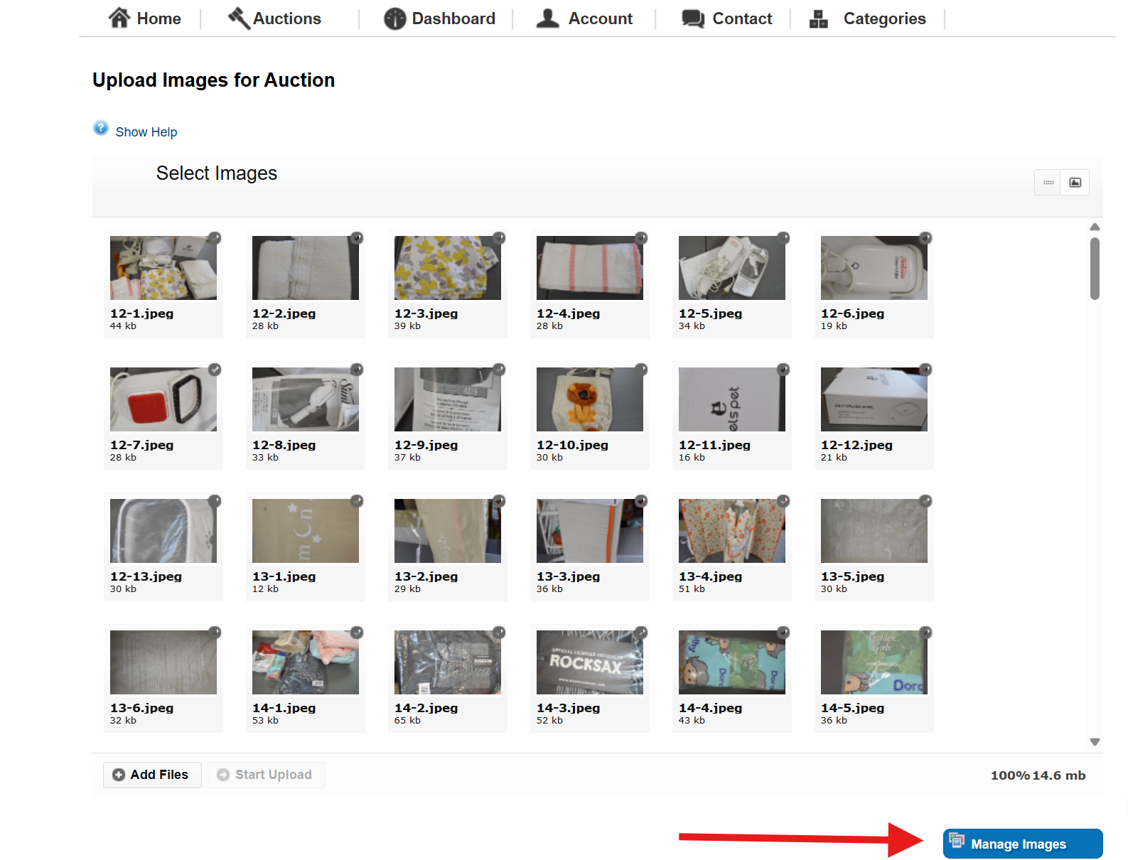 K-BID Upload Images screen at 100% with the Manage Images button highlighted