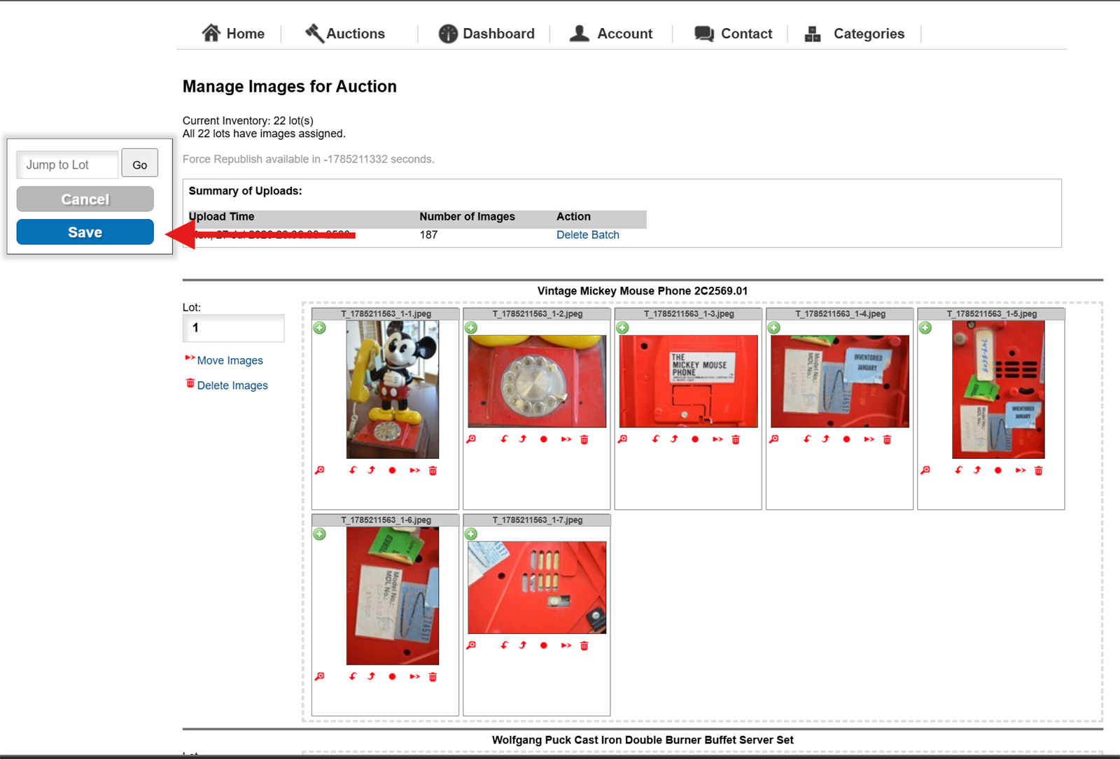 K-BID Manage Images screen showing photos grouped by lot with the Save button highlighted