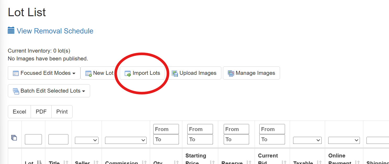 K-BID admin Lot List page with the Import Lots button highlighted
