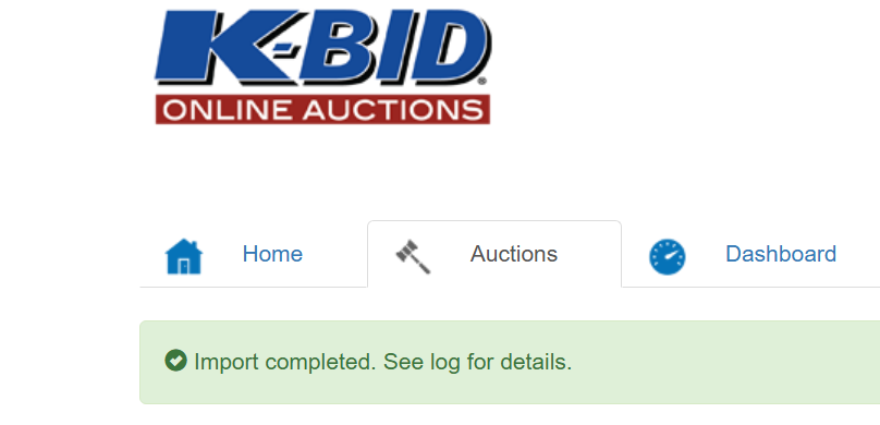 K-BID admin showing the green Import completed banner