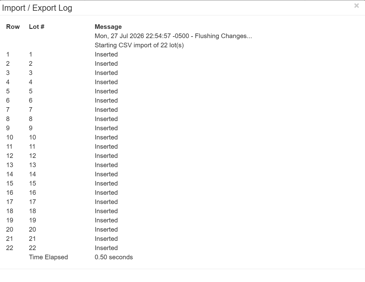 K-BID Import / Export Log showing every row Inserted